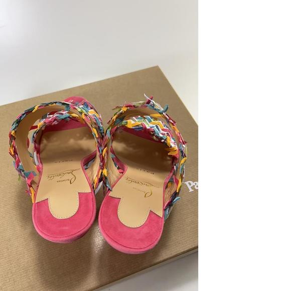 Meroine Pink Rainbow Woven 85mm raffia fringe heels mules D979 - Picture 5 of 11